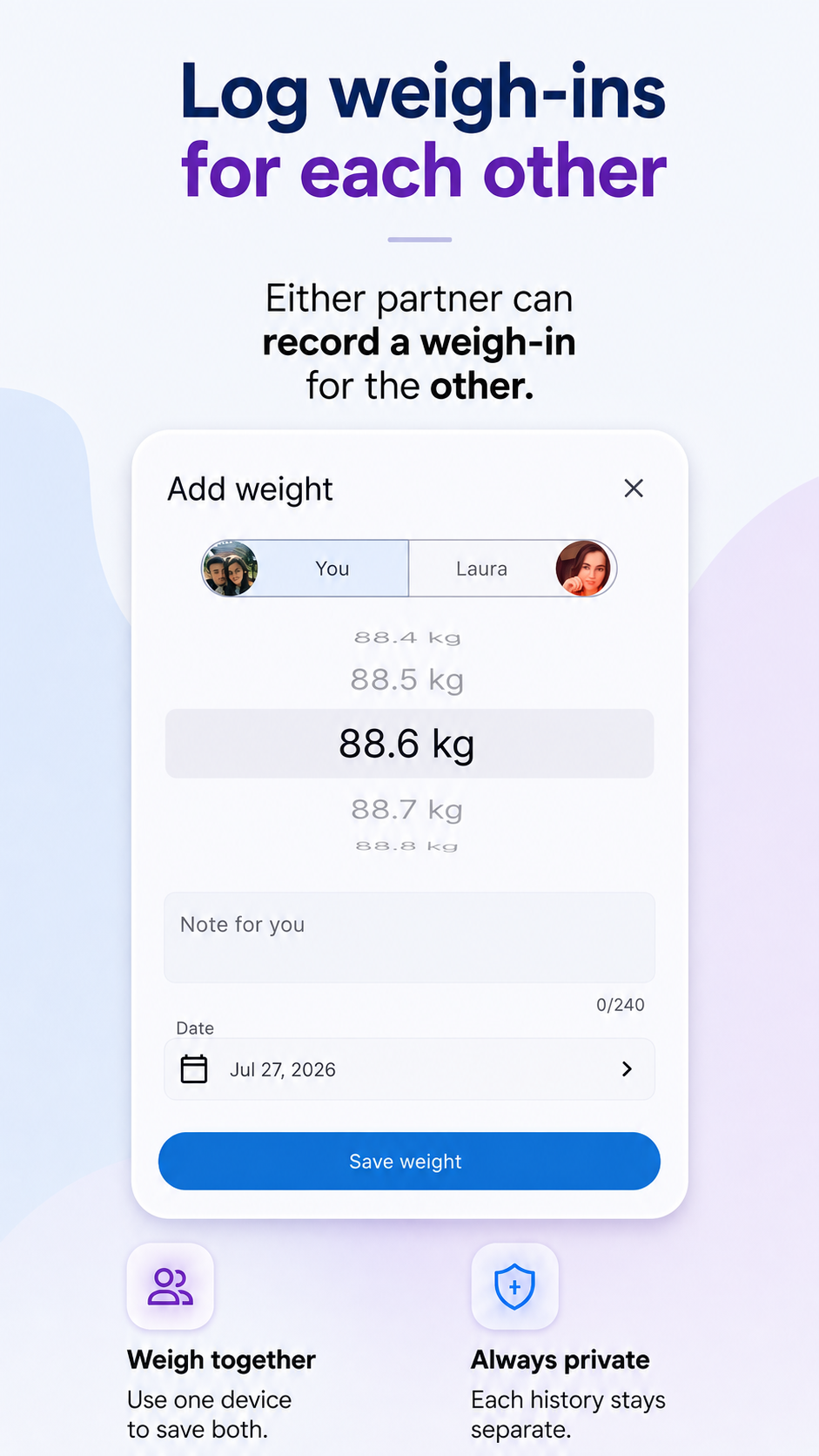 Add-weight sheet with person toggle, value, date and private note